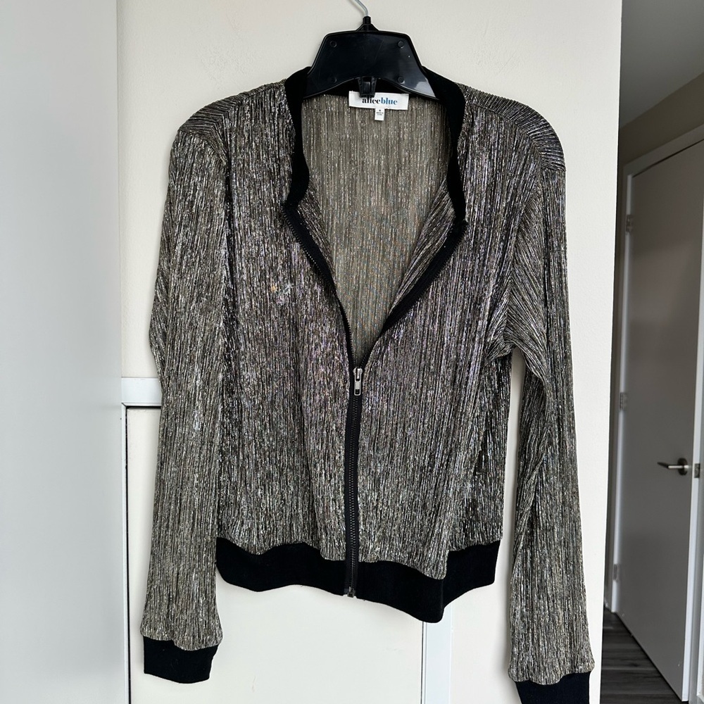 Alice Blue Metallic Gold Ribbed Trim Cropped Jacket Shimmer Evening Layer | Sz S - Picture 2 of 8